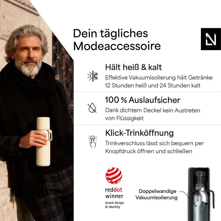 LARS NYSØM Thermoflasche Lune, Thermosfl. mit Becher & Trageschalufe: 12h warm / 24h kühl – Bild 2