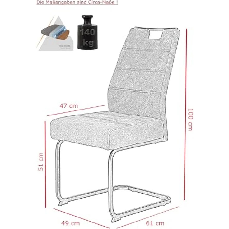 Hela Tische, 2er Set Esszimmerstuhl Freischwinger Kerstin, Bezug Webstoff Beige, Vierkantgestell + Griff Schwarz, Komfortsitz Federkorb, 140kg belastbar – Bild 4