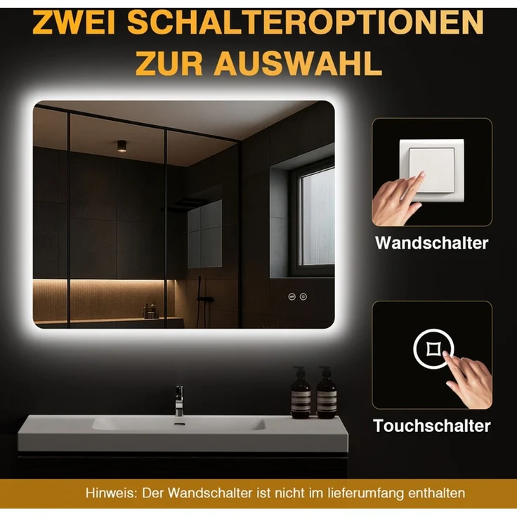 Pesenxan LED Badspiegel 80x60 cm, Badezimmerspiegel mit 3 Lichtfarben, dimmbar, Touch-Schalter & Antibeschlag, IP44, rahmenloses Design, für Badezimmer, Silber – Bild 9