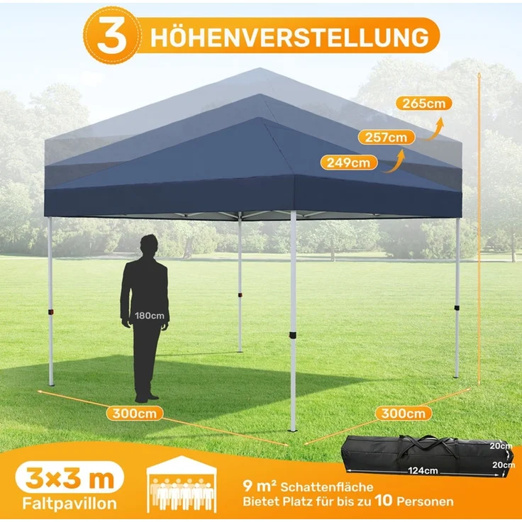 Hawthyhome Faltpavillon 3x3m Pop Up Partyzelt, wasserdicht & UV-Schutz 50+, One-Touch-Schnellaufbau, 3 Höhenstufen, stabiles Kohlenstoffstahl-Gestell, inkl. Tragetasche, für Garten, Camping & Outdoor, Blau – Bild 2