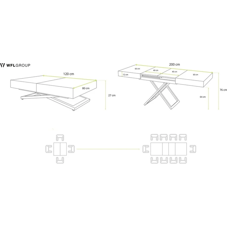 WFL GROUP Couchtisch Cavetta U höhenverstellbar ausziehbar mit schwarzen Metallbeinen (erhältlich in einer Größe – 120 x 80 x 27-76 cm, ausziehbar auf 200 cm), industrial Tisch in Holzoptik für Küche, Esszimmer oder Wohnzimmer – Bild 2