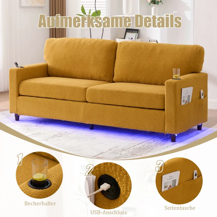 Zweisitzer Chenille-Sofa 203x77,5x86 cm – USB-C, LED-Ambiente und Getränkehalter in Senfgelb – Bild 8