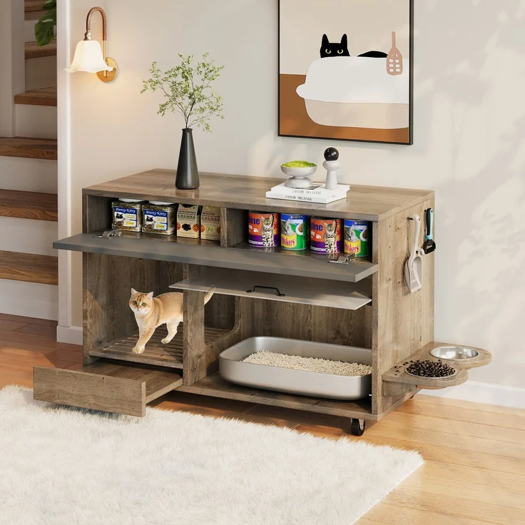 Bewegbarer Katzenkloschrank (Katzentoilettenschrank) – mit Katzenfuttertellern, Sandauffangschale, Lochplatte mit Hakenlöchern, ohne Katzenklo, 100×45,5×67 cm (antikgrau-braune Farbe, Eichenholzfarbe) – Bild 10