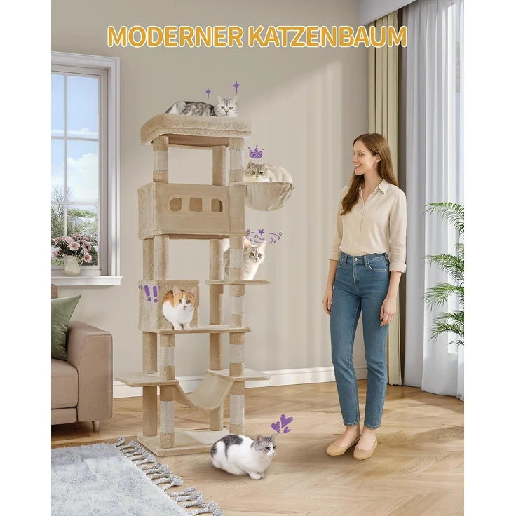 Kratzbaum groß, 170 cm Hoch, Katzenbaum, mit 8 Kratzbäume, 2 Höhlen, groß Plattformen, Waschbare Matte, Hängematte, Plüschbälle, Mehrstöckiger Katzenkratzbaum, Kamelbraun – Bild 1