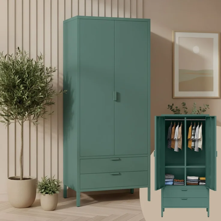 skølm 'Ituri' Kleiderschrank mit 2 Schubladen, Metall, 170x45x80 cm, dunkelgrün, Garderobe mit 4 Fächern und 2 Kleiderstangen – Bild 1