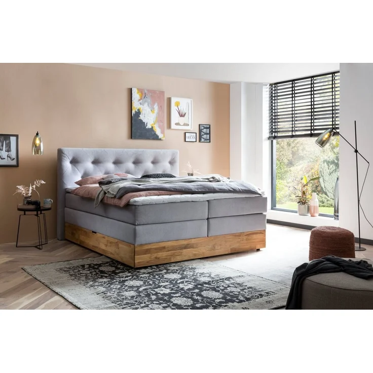Belanoti MARBO Boxspringbett 180x200 mit Bettkasten 7-Zonen Taschenfederkern Matratze inklusive Visco Topper Bett 180x200 Eiche in der Farbe Hellgrau H2/H3 Polsterbett mit Massivholz Eiche – Bild 1