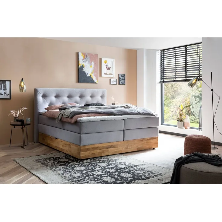 Belanoti MARBO Boxspringbett 180x200 mit Bettkasten 7-Zonen Taschenfederkern Matratze inklusive Visco Topper Bett 180x200 Eiche in der Farbe Hellgrau H2/H3 Polsterbett mit Massivholz Eiche
