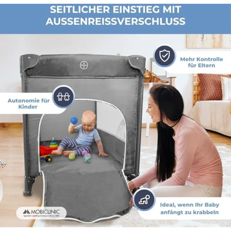 Mobiclinic®, Reisebett, Tragetasche, 2 in 1, Ultrakompakt faltbar, Herausnehmbare matratze, Mofli, Bis zu 15kg, Atmungsaktives gewebe, Seiteneingang mit reißverschluss, Baby laufstall (grau) – Bild 8