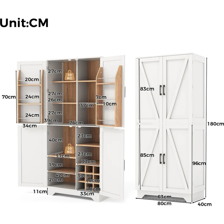 Küchenschrank, hoher Stauraumschrank mit 4 Scheunentor-Türen, Vorratsschrank mit Weinregal und Türregal, Aufbewahrungsschrank für Wohnzimmer und Esszimmer, 80 × 40× 180 cm – Bild 9
