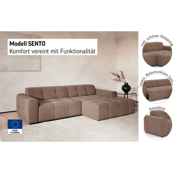 COTTA Ecksofa Sento L-Form, B: 280 cm, Chenille-Struktur, XXL Recamiere B: 133 cm, mit elektrische Sitztiefenverstellung, kubisch, bequemer Sitz – Bild 3