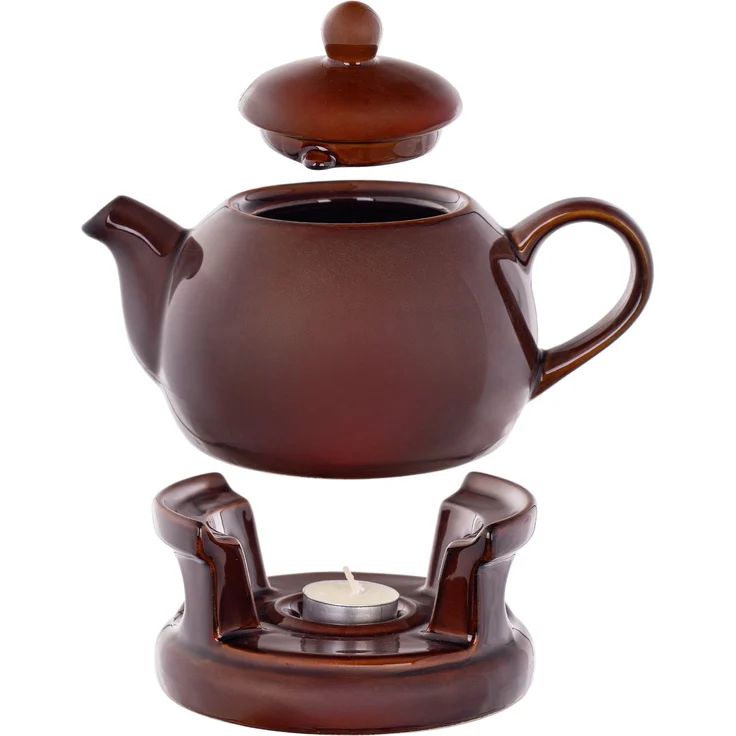 KADAX Teekanne 1L mit Stövchen Set, Kaffeekanne aus Porzellan mit Deckel, Griff und Teestövchen, Kanne mit Teelicht Wärmer für Tee, Teeservice (Braun) – Bild 4
