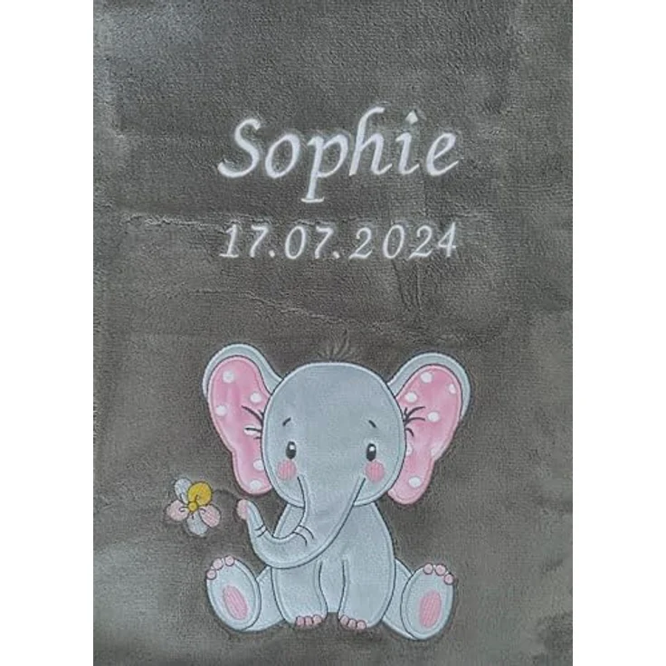 KIDDI-MEDIA Babydecke mit Name und Geburtsdatum Bestickt/kuschelig weich / 1A Qualität (Anthrazit - Elefant) – Bild 2