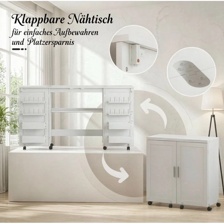 Klappbarer Nähtisch mit Rollen, Stauraum und Ablage, 160x40x81,5 cm, Weiß – Bild 6