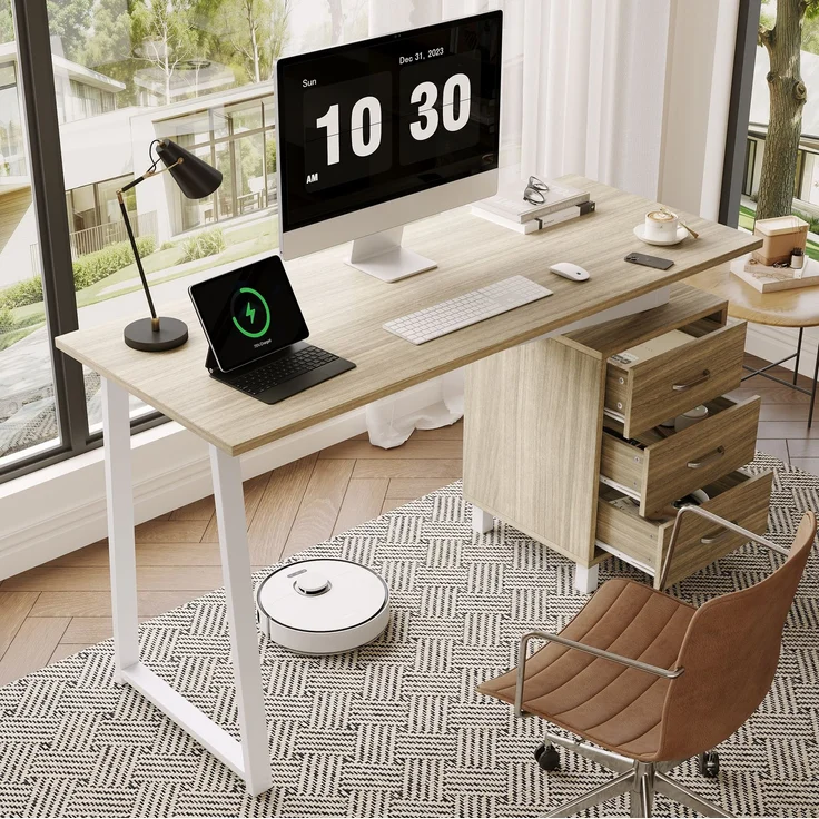 Schreibtisch mit MDF-Platte, 3 Schubladen, 130x55x75 cm, Naturholzfarben/Weiß – Bild 2