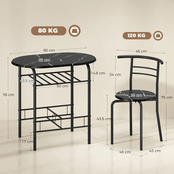 HOMCOM Essgruppe, MDF, Metall, Schwarz, 80L x 52B x 76H cm – Bild 3