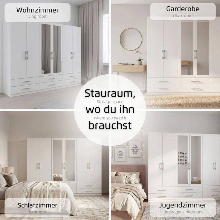 rauch Kleiderschrank Schrank Garderobenschrank Mehrzweckschrank Schlafzimmer HERSBRUCK (3 verschiedene Ausstattungen BASIC/CLASSIC/PREMIUM (inkl. SOFT-CLOSE) mit großzügigen Schubladen sowie Spiegeltüren MADE IN GERMANY – Bild 3