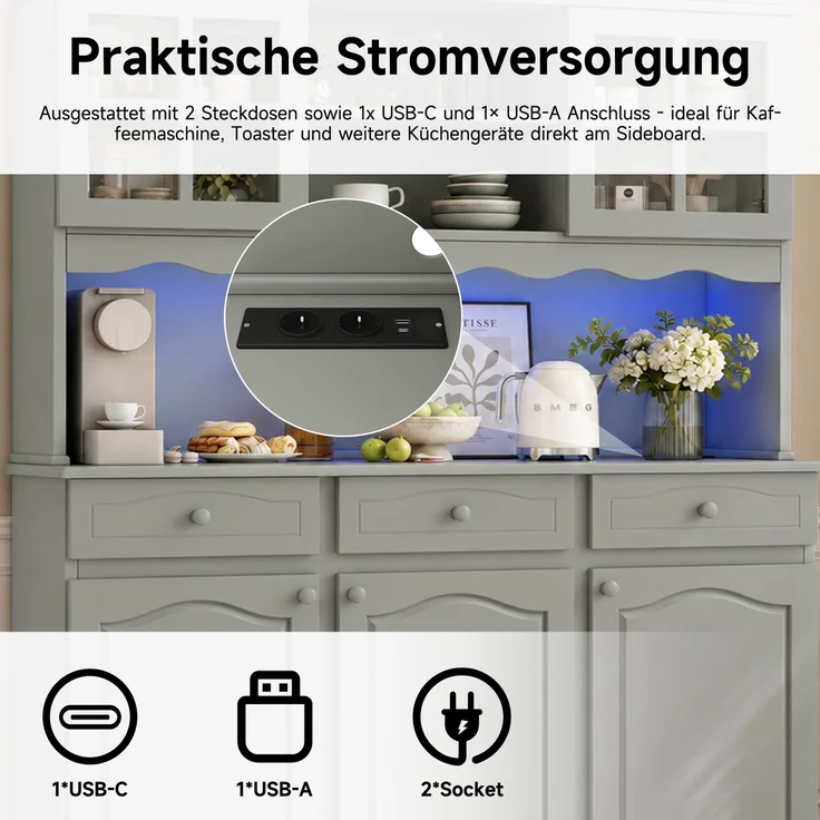 Buffetschränke, Esszimmer-Hochschrank 135*40*185 cm, mehrstufigem Stauraum, integrierter Steckdose sowie USB-C- und USB-A-Anschlüssen, Farbiger LED-Streifen, graugrün--Herde--135x40x185cm--YOUDENOVA – Bild 8