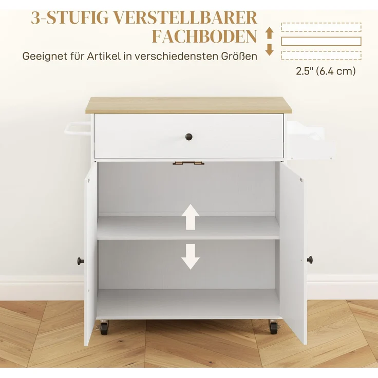 Küchenwagen 106 x 42 x 87 cm aus MDF, weiß, mit klappbarer Arbeitsplatte – Bild 6