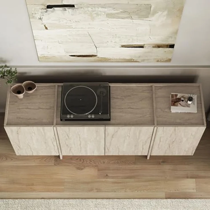 Modern Console Table, Travertine Color, 180 x 80 x 45 cm | 100% Melamine Coated Particle Board, 18 mm Thick | Features Soft-Close Hinges & Numerous Shelves | Stylish Addition to Any Home Décor – Bild 7