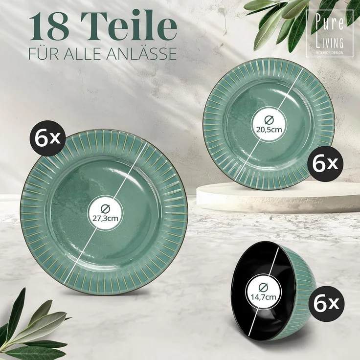 Steingut 18-teiliges Gerilltes Geschirrset – Schwarze und grüne Farben, Hochwertiges Essgeschirr für 6 Personen, Spülmaschinen- und Mikrowellengeeignet - Schüssel- und Teller Set – Bild 3