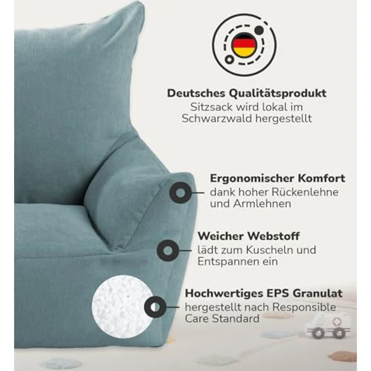 mokebo Der Pausenheld Kindersessel, Kindersitzsack in Petrol, ergonomisch, robust und flauschig, ideal für Kinder von 2 bis 6 Jahren – Bild 2