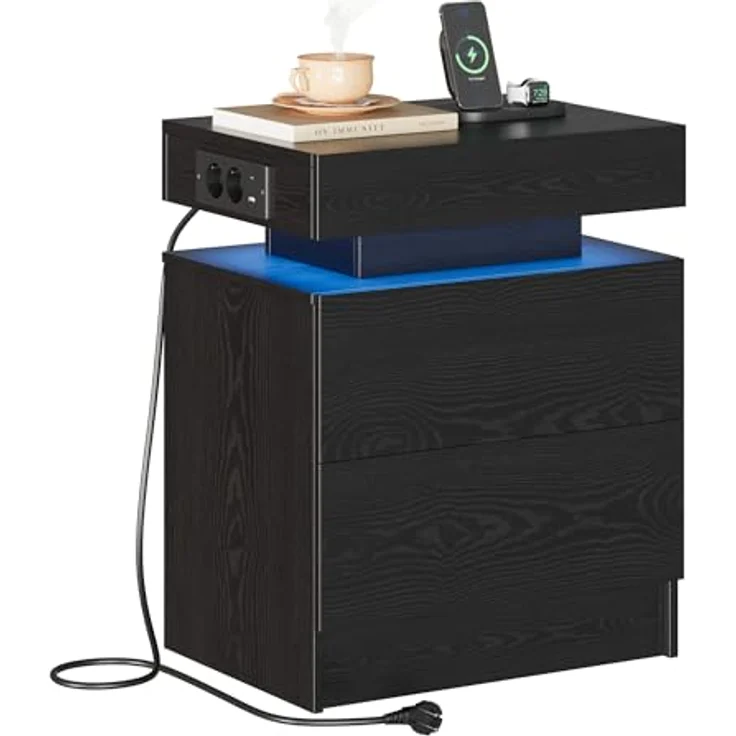 IRONCK Nachttisch Schwarz mit LED-Licht & Ladefunktion, Beistelltisch mit USB+Typ-C Anschlussen, Nachtschrank mit 2 Schubladen, Sofatisch für Schlafzimmer, Wohnzimmer, 35 x 48 x 60 cm – Bild 2