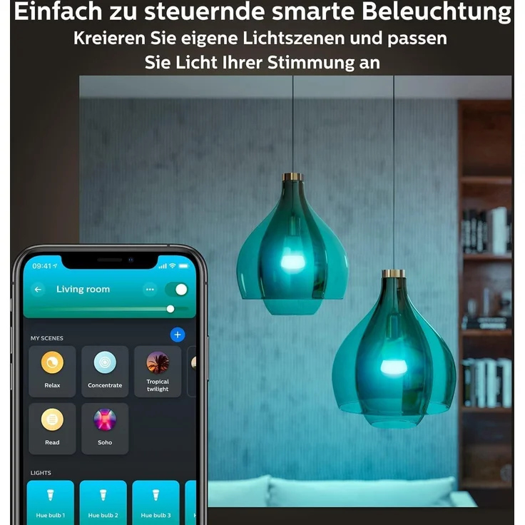 Philips Hue White & Color Ambiance Starter Set mit E27 Lampen 2-er Pack (1100), Smart Button + Hue Bridge, TESTSIEGER Stiftung Warentest (01/2024), 16 Mio. Farben per Sprache und App steuerbar – Bild 3