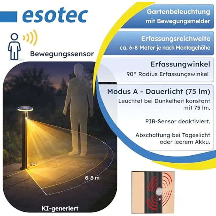 Esotec Solar PIR Standleuchte Mia 85, Edelstahl-Gehäuse, 40 LEDs, Bewegungsmelder, schwarz, H=84,5cm, winterfest, Li-Ion Akku – Bild 5