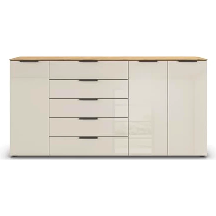 Rauch Möbel Flipp, Kommode für Schlafzimmer, Kinderzimmer, Wohnzimmer, Flur, Garderobe, 3-türig, 5 Schubladen, mit Softclose-Funktion, Farbe Eiche Artisan, Holz/Glas Beige, Breite 199 cm – Bild 6