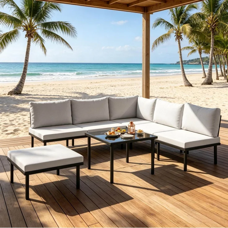 6-teiliges Gartenlounge-Set mit Glas-Couchtisch, 64x116x60,5 cm, Schwarz/Hellgrau – Bild 4