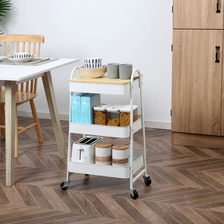 Servierwagen mit 3 Ebenen Küchenwagen mit Rollen Griff Küchenregal mit Korb und Deckel Rollwagen Allzweckwagen für Küche Büro Badezimmer, Weiß--Weiß--45x31x79.4cm--YOUDENOVA – Bild 4