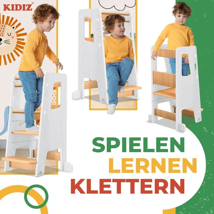 KIDIZ® Lernturm für Kinder ab 1 Jahr inkl. Lernuhr | 3-stufig Höhenverstellbarer Tritthocker aus Kiefernholz | spielerisch motorische Fähigkeiten fördern Montessori Learning Tower bis 50 kg belastbar Weiß / Hellbraun – Bild 5