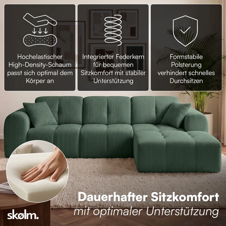 skølm 'Vanaheim' Sofa 3 Sitzer mit Hocker & 2 Kissen, Cloud Sofa dunkelgrün, Cord, Vollschaumcouch mit Federkern und Vakuum-Kompression, kein Aufbau erforderlich – Bild 2