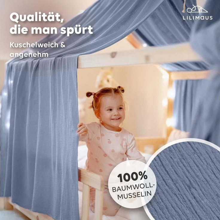 lilimaus Betthimmel Hausbetthimmel Baumwoll Musselin Betthimmel Kinder Hausbett 2er Set, Stilvolle Musselin-Deko für Kinderzimmer, ideal als Geschenkidee – Bild 1