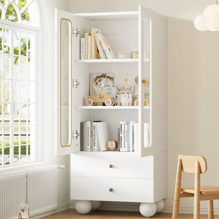 ZUBALIYA Glasvitrine, Kinder-Aufbewahrungsschrank, Bücherregal mit Schubladen, Büroschrank, Figurenvitrine, Bunte Keramikgriffe, Kugelförmige Schrankfüße,, Multifunktionsschrank, Weiß, 60 x 35 x 140 cm – Bild 2