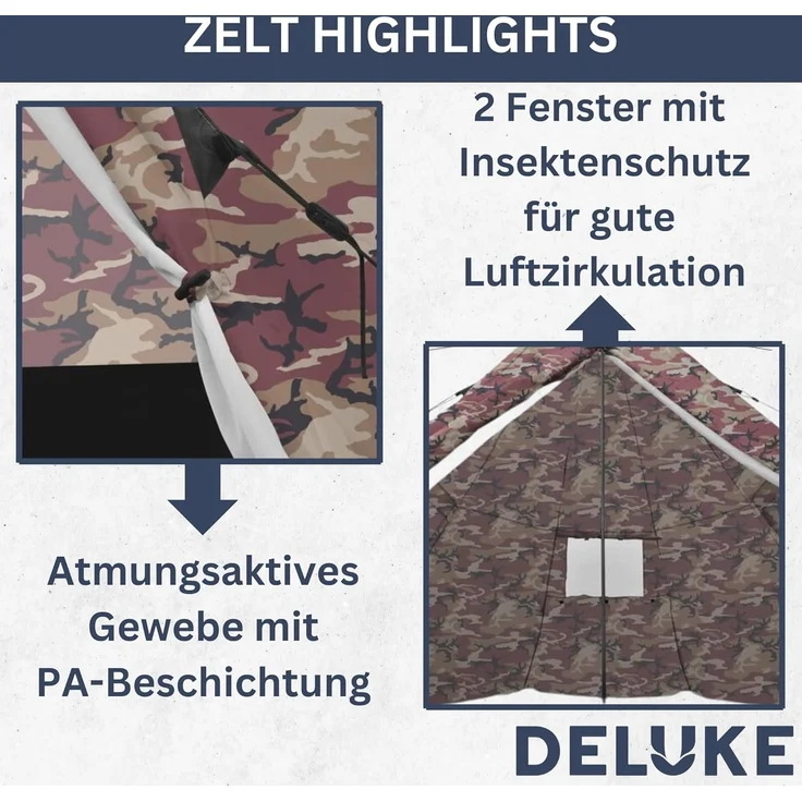 DELUKE® Campingzelt 4 Personen TIPI camouflage regenfest, atmungsaktiv Tipi Pyramidenzelt Familienzelt für 4 Personen Gruppenzelt Zelt Camping Zelt Outdoor Zelten – Bild 3