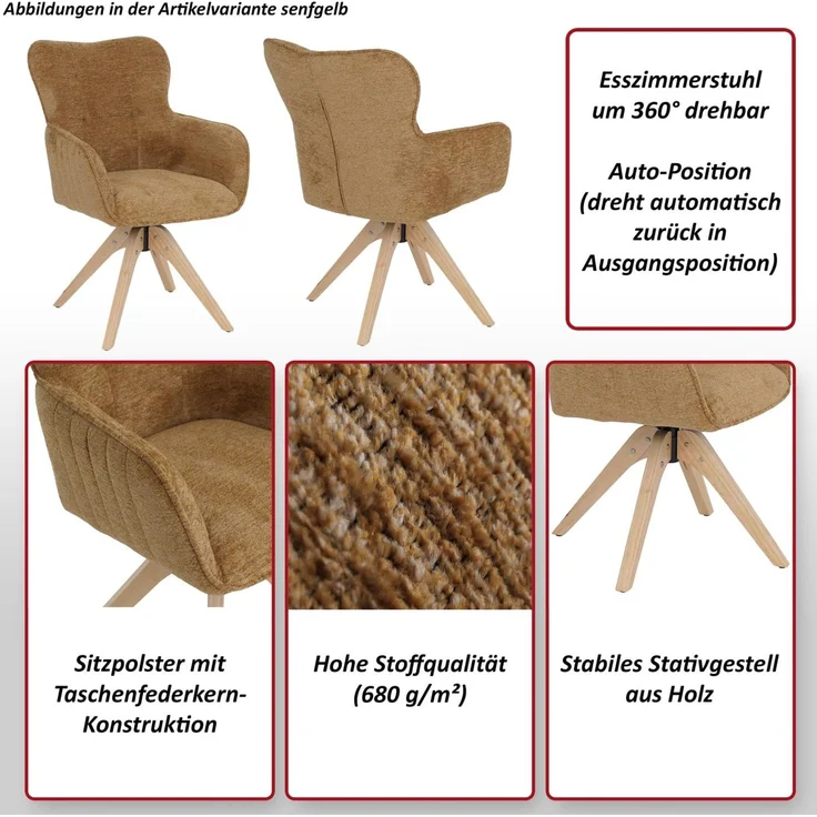 2er-Set Esszimmerstuhl HWC-Q35, Küchenstuhl Armlehne drehbar Auto-Return, Stoff Chenille (680g/m²) Holz MVG ~ senfgelb – Bild 2