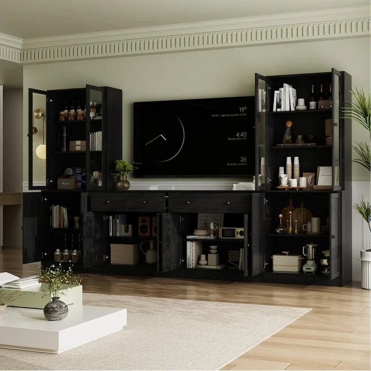 VOWNER TV-Schrank mit Bücherregalen für Fernseher bis zu 70 Zoll, 280 cm TV-Ständer (4-St) Wohnzimmer-Fernsehschrank mit gehärteten Glastüren und Einlegeböden – Bild 3