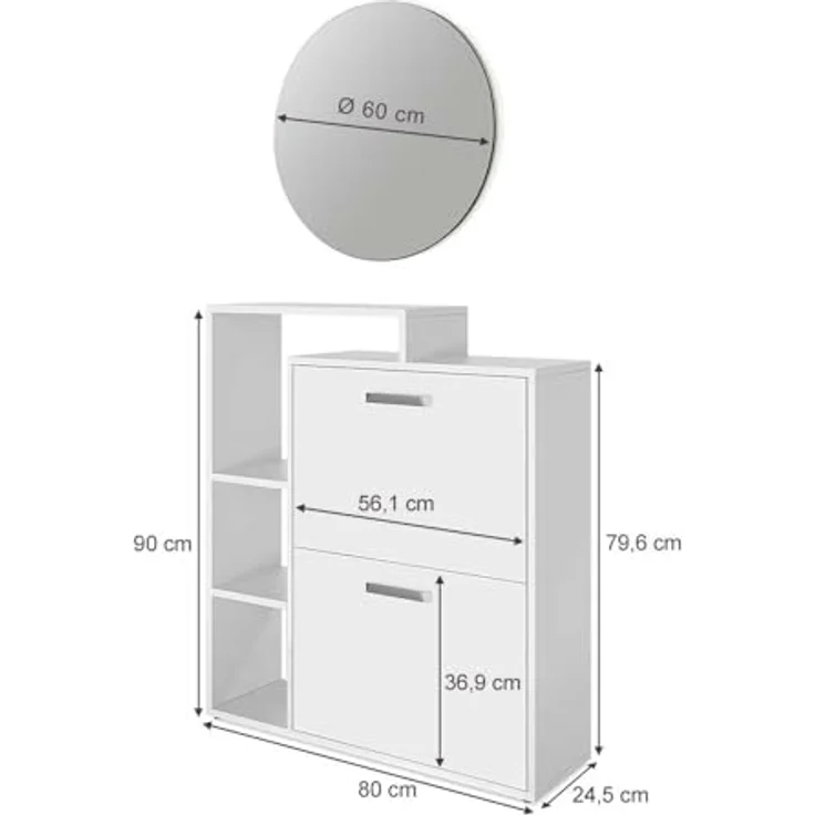 Vicco Schuhkipper 'Orlando', Weiß, Holzwerkstoff, 6 Fächer, 2 Schubladen, Rechteckig, 80x90x25 cm, Schuhaufbewahrung mit Spiegel – Bild 3