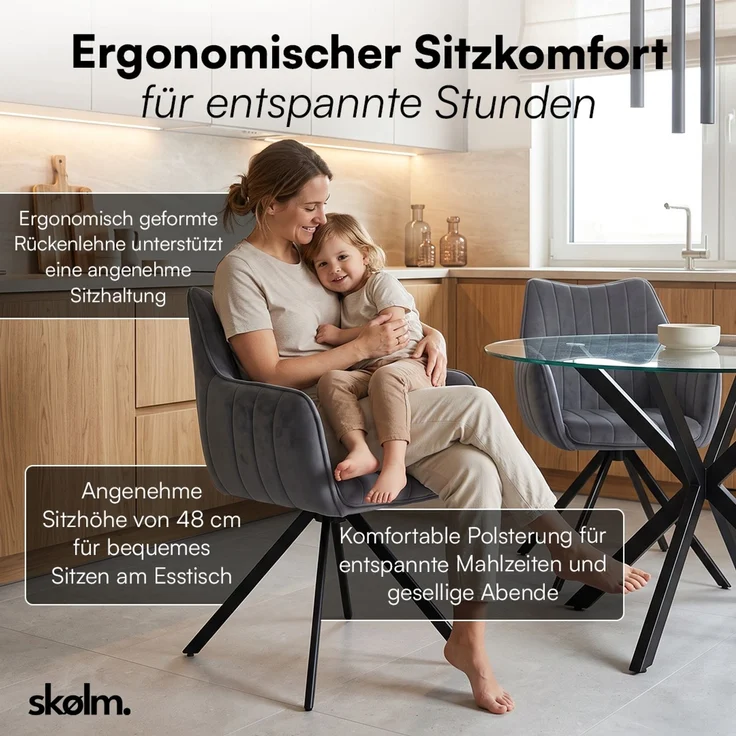 skølm 'Gymir' Esszimmerstühle, 2er Set, anthrazit, gepolsterter Leinenbezug mit Kanalsteppung, drehbar & höhenverstellbar, Polsterstühle mit Armlehnen, bis 150 kg belastbar – Bild 6