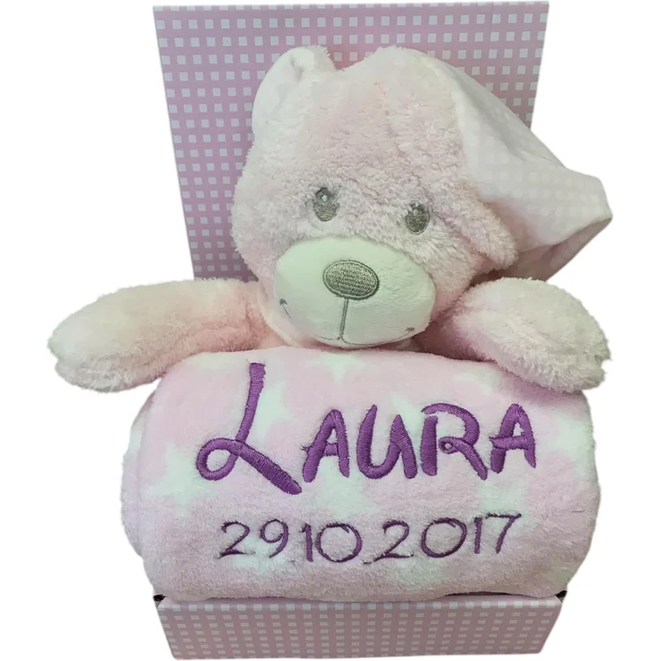 Babydecke mit Name & Geburtsdatum bestickt inkl. Plüsch Stofftier - Geschenk Taufe Geburt/CE-Zertifizierung (Rosa - TEDDY mit SCHLAFMÜTZE) – Bild 2