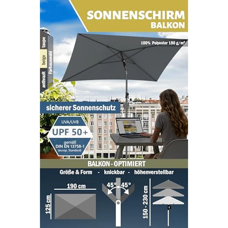 Menz Sonnenschirm Balkon - 3-IN-1 Sonnenschutz Balkon SET in Anthrazit, UPF 50+ Sonnenschirm rechteckig 200x125 cm + kompakter Sonnenschirmhalter Balkongeländer + Sonnenschirmhülle – Bild 5