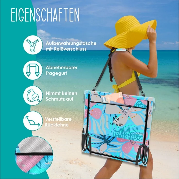 KESSER® Strandmatte klappbar mit verstellbarer Rückenlehne, Strandliege faltbar mit Tragegurt, wasserdichter Handyhülle & Aufbewahrungstasche, Sonnenliege für Strand Garten Terrasse, Liegematte 130Kg Hellblau, 2er Set – Bild 4