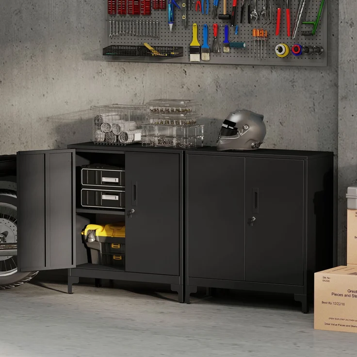 Büroschrank aus Metall, verschließbare Türen, Bürokommode, 2-stufiges Design, Schwarz--Schwarz--91x35x80cm--YOUDENOVA – Bild 9