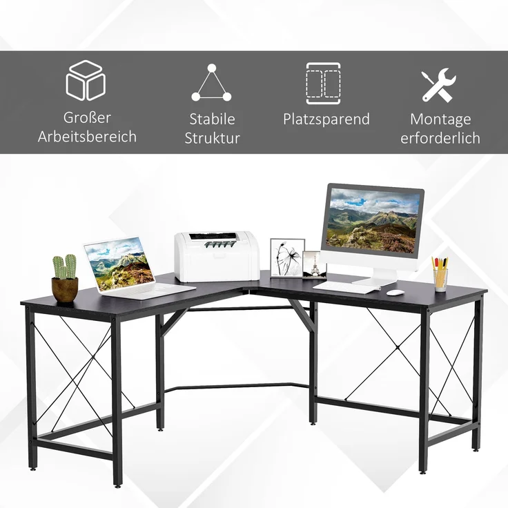 Computertisch L-Form Eckschreibtisch 150x150x76cm MDF Schwarz, moderner Winkelschreibtisch für Büro & Home Office--Schwarz--150x150x76cm--YOUDENOVA – Bild 6