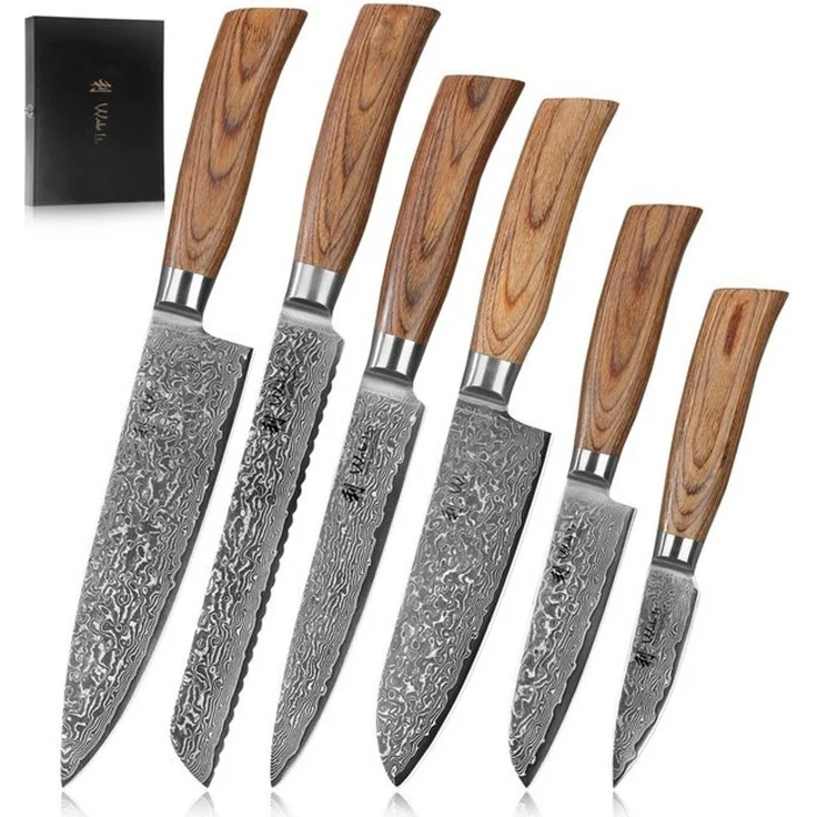 Wakoli Messer-Set Edib Pro 6 Damastmesser I Küchenmesser Kochmesser I 8-20cm Klingen (Damastmesser mit Geschenkbox, 6-tlg, 6er Damastmesser-Set mit Holzbox), 67 Lagen Damaststahl, VG-10 Stahlkern – Bild 4
