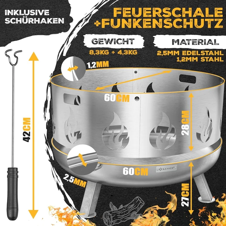 KESSER® Feuerschale mit 2,5 mm Stahldicke Feuerkorb aus Edelstahl / Stahl inklusive 42cm Feuerhaken aus Gusseisen, Wasserablauf & 2 stabile Griffe für Holz & Kohle Feuerstelle für Garten & Terrasse Ø 60 cm, Edelstahl + Funkenschutz – Bild 3