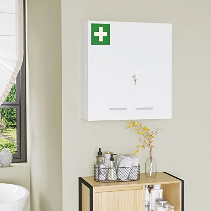Kleankin Medizinschrank 2-türiger Medikamentenschrank mit 6 Einlegeböden (Arzneischrank, 1-St, Apothekerschrank) Stahl, Weiß, 55 x 18 x 60 cm – Bild 8