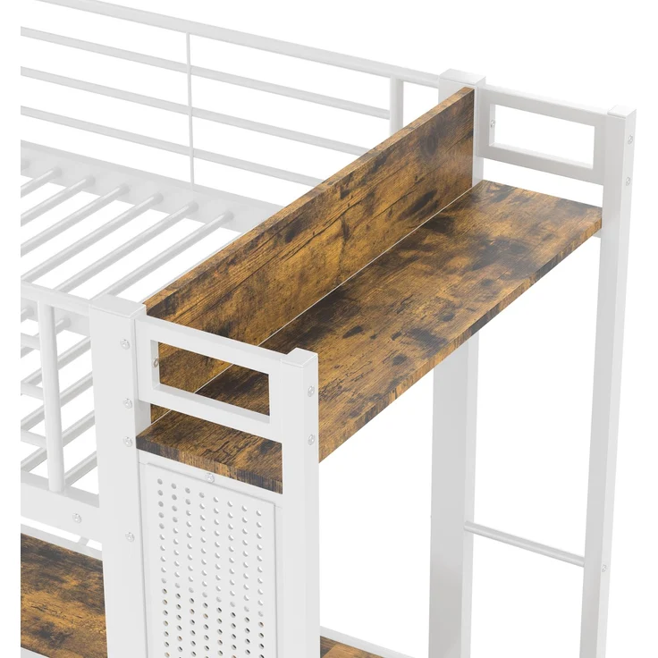 EINHOM Hochbett, 90 x 200 cm, Eisenrahmen mit Schreibtisch, mit Trockenstab, mit Einlegeböden, 4 Schubladen, mit USB + Typ-C Steckdose, LED-Leiste, Geländer, Trittleiter, mit Lochbrett, Weiß (Ohne Matratze) – Bild 7