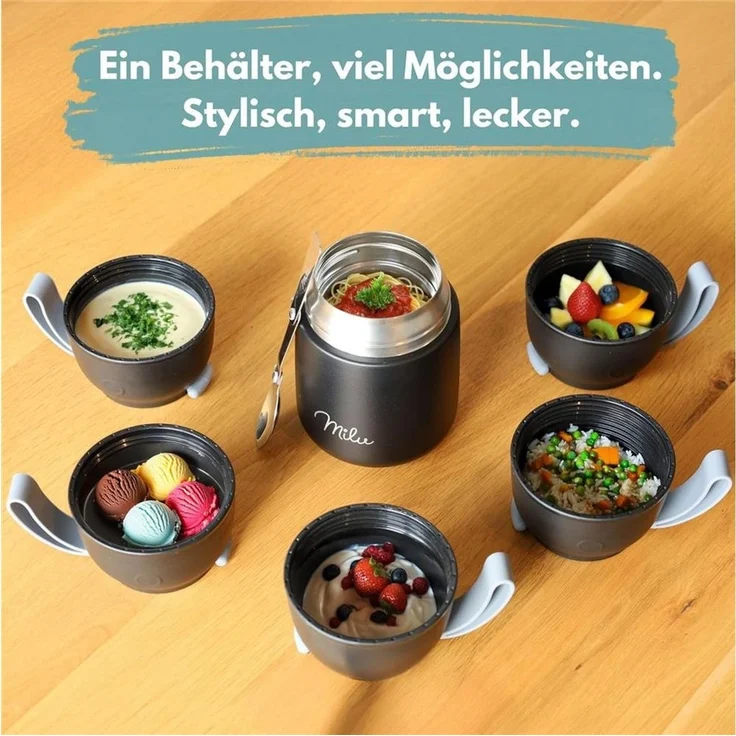 Milu® Thermobehälter für Essen 650ml, Edelstahl Warmhaltebehälter mit Löffel, Thermobecher Essen, Thermo Lunchbox für Kinder, Erwachsene, Thermobox Suppen, Babybrei, Speisebehälter Schwarz, 650ml – Bild 3